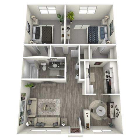 Modern 3D floor plan featuring 2 cozy bedrooms, an inviting living room, spacious kitchen, and a stylish dining area with elegant decor.