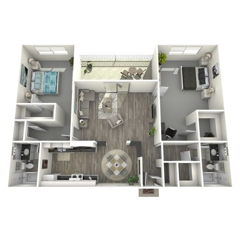 Chic 3D floor plan showcasing two spacious bedrooms, a modern living room with balcony access, a sleek kitchen, and two bathrooms.