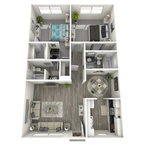 Contemporary 3D floor plan showcasing 2 stylish bedrooms, an inviting open-concept living and dining area, a modern kitchen, and 2 bathrooms.