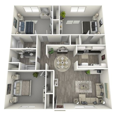 Modern 3D floor plan showcasing 3 elegant bedrooms, spacious open-concept living and dining area, and a sleek kitchen design.