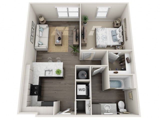 Modern 3D floor plan showcasing a cozy one-bedroom apartment with an open-concept living area, sleek kitchen, and convenient in-unit washer and dryer.