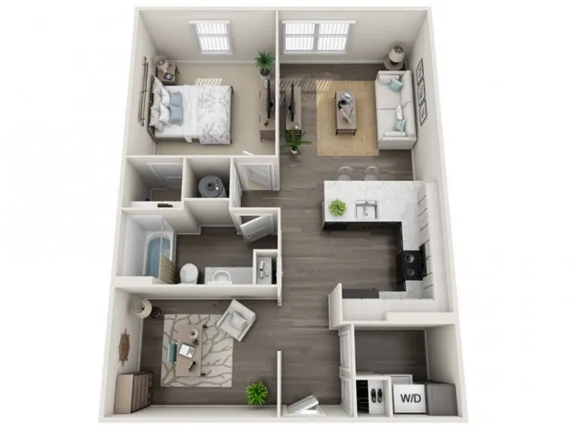 Chic 3D floor plan featuring a spacious 1-bedroom apartment with an open-concept living area, modern kitchen with island, cozy living room, stylish bathroom, and a versatile workspace.