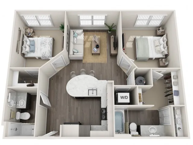 Modern 3D floor plan showcasing 2 bedrooms, stylish living room, open kitchen with island, and 2 bathrooms. Includes convenient walk-in closet and laundry area, highlighted by natural lighting.