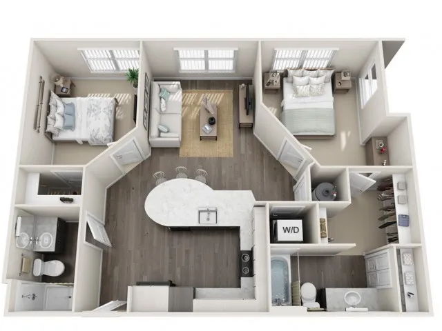 Modern 2D floor plan featuring two cozy bedrooms, a sleek open-concept living area, and a contemporary kitchen with island. Includes two stylish bathrooms and convenient in-unit laundry with natural light throughout.