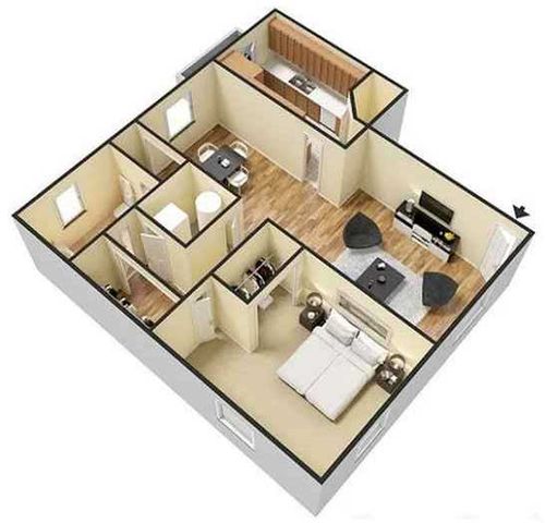 Charming 3D floor plan showcasing a cozy 1-bedroom apartment with a modern kitchen, elegant living area, and stylish dining space.