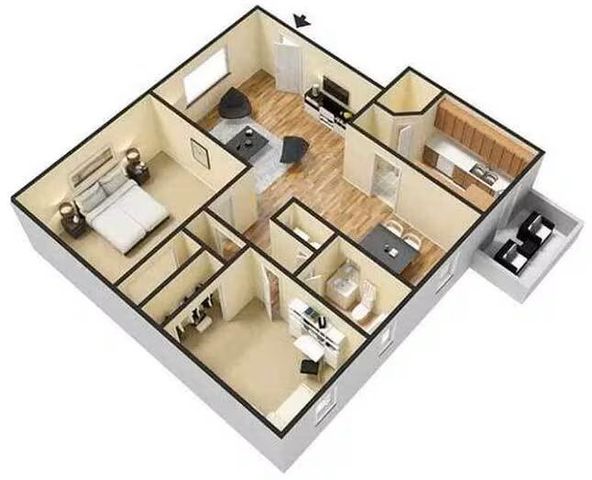 Modern 3D floor plan showcasing a cozy two-bedroom apartment with an inviting living area, elegant dining nook, and a fully-equipped kitchen.
