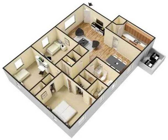 Contemporary 3D floor plan showcasing 3 bedrooms, a cozy living area, modern kitchen with island, and spacious layout.