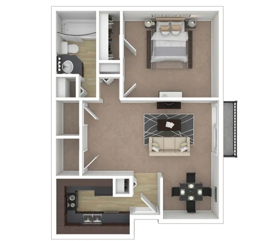 Modern 3D floor plan showcasing a cozy 1-bedroom layout with a stylish living room, compact kitchen, and inviting balcony.
