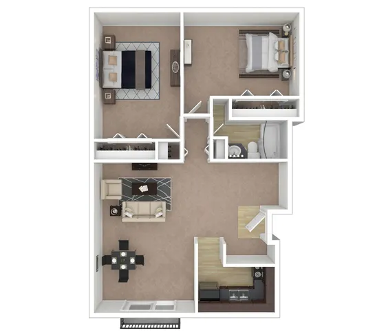 Inviting 2D apartment layout showcasing 2 spacious bedrooms, a cozy living room, and a modern kitchen design.