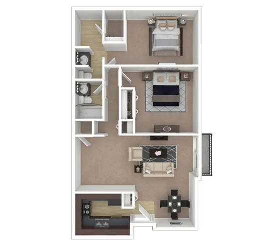 Modern 2D floor plan featuring 2 cozy bedrooms, 2 sleek bathrooms, an open-concept living and dining area, and a contemporary kitchen with stylish finishes.