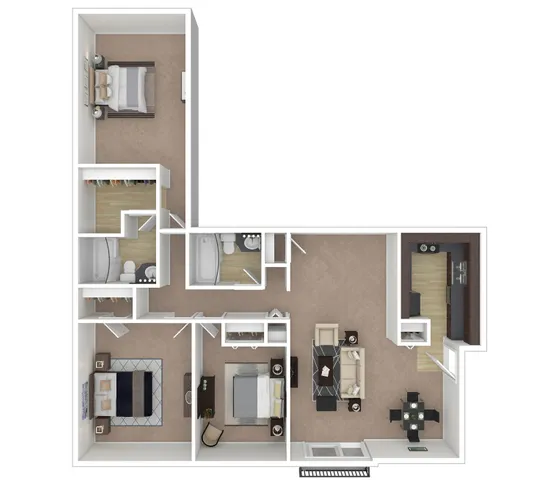 Elegant 3D floor plan showcasing two bedrooms, cozy living area, modern kitchen, and two bathrooms with ample closet space.