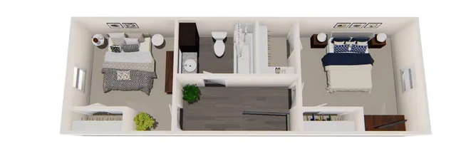 Modern 3D floor plan showcasing two spacious bedrooms, elegant bathroom, and open airy living space, perfect for urban living.