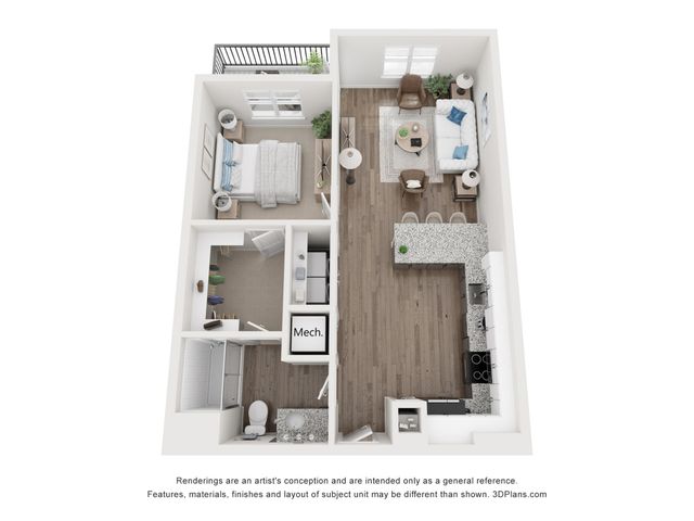 Chic 3D floor plan showcasing a cozy one-bedroom apartment with modern open-plan kitchen, stylish living area, and spacious balcony.