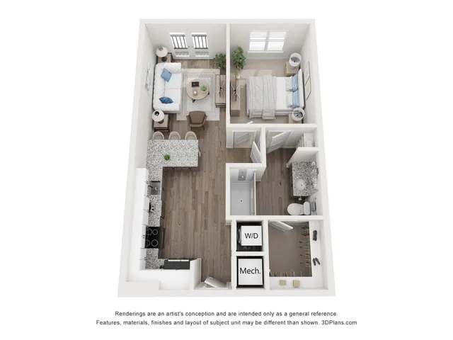 Modern 3D floor plan showcasing a cozy 1-bedroom apartment with open-concept kitchen, stylish living area, and neatly designed amenities.
