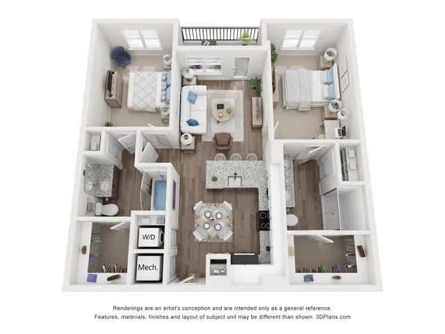 Elegant 3D floor plan showcasing 2 cozy bedrooms, a modern open kitchen, and stylish living room with balcony access.