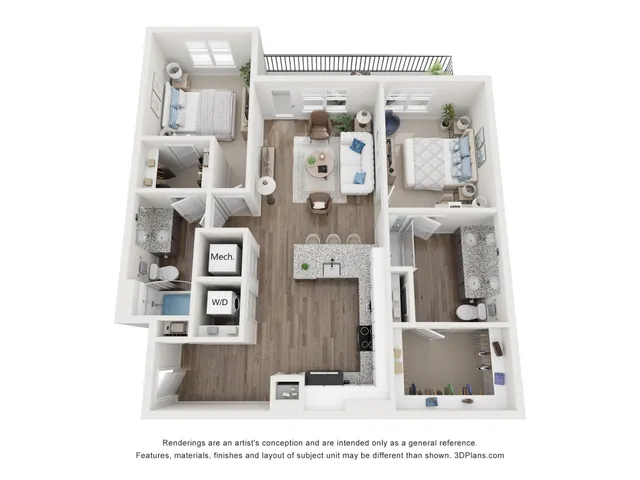 Modern 3D floor plan showcasing 2 bedrooms, 2 bathrooms, an open-concept kitchen and living area, and a cozy balcony.