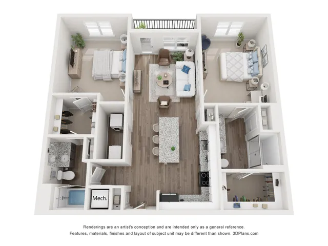 Modern 3D apartment floor plan featuring two spacious bedrooms, open-concept living room, and sleek kitchen with island seating.