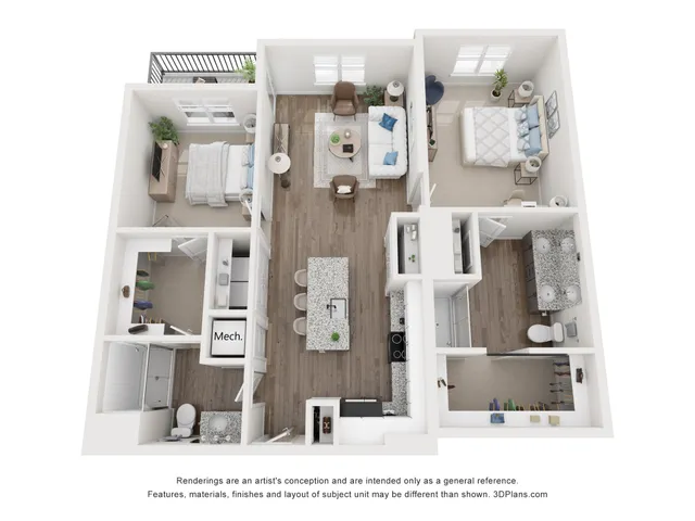 Contemporary 3D floor plan featuring two elegant bedrooms, spacious open-concept living and dining areas, modern kitchen with island, and stylish balcony view.