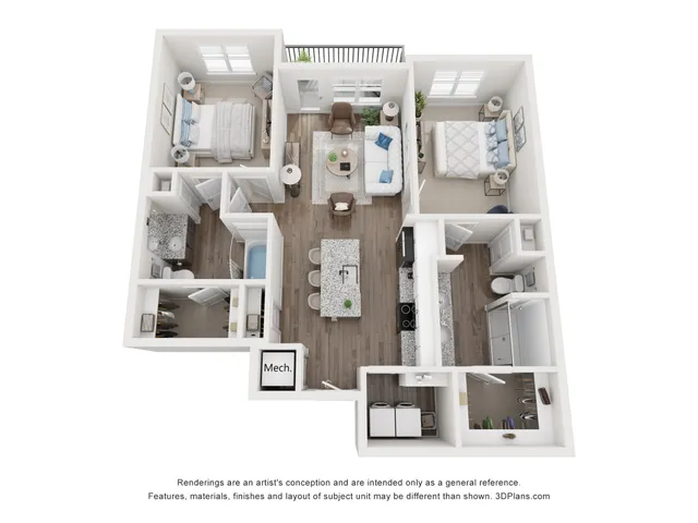 Modern 3D floor plan showcasing 2 bedrooms, elegant bathrooms, an open-concept living space, and a stylish kitchen with island seating.