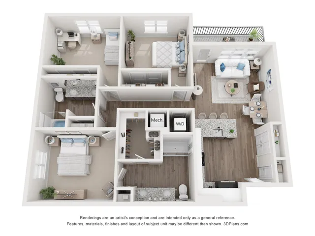 Chic 3D floor plan showcasing 2 bedrooms, an open-concept living area, modern kitchen with breakfast bar, and balcony access.