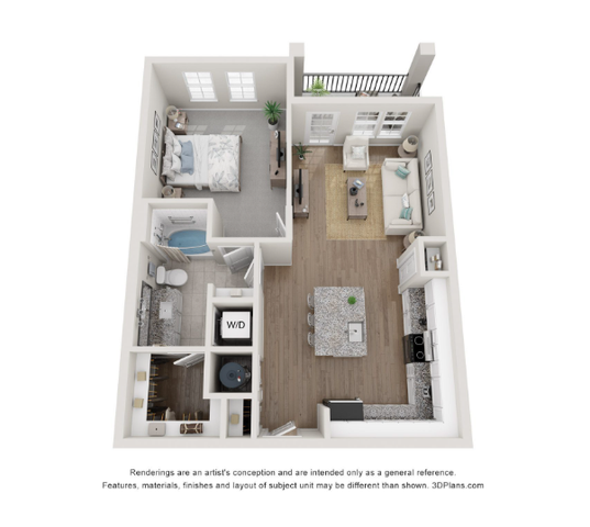 Modern 3D floor plan showcasing a cozy 1-bedroom apartment with a sleek kitchen, inviting living room, and a private balcony.