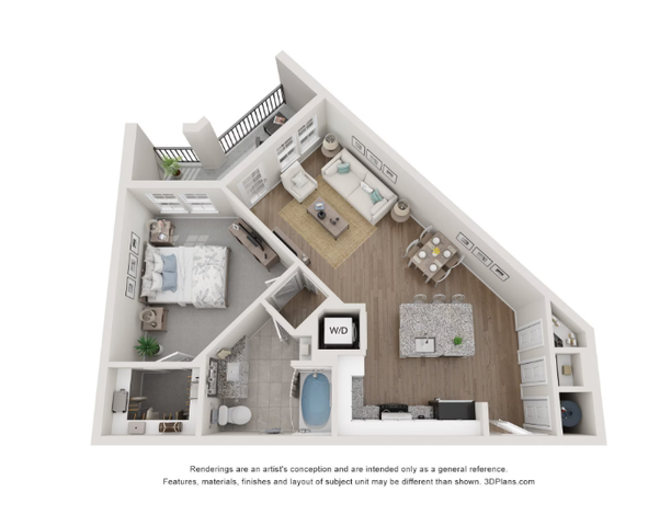 Modern 3D floor plan showcasing a spacious one-bedroom apartment with an elegant living room, stylish open kitchen, and luxurious balcony space.