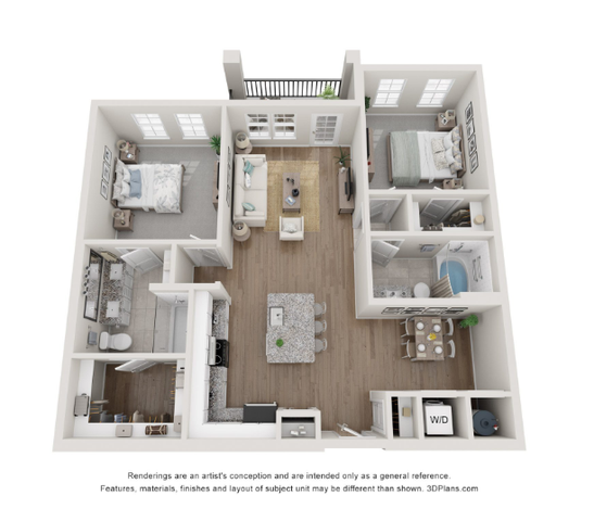 Modern 3D floor plan featuring two bedrooms, a cozy living room, and a stylish kitchen with island seating. Includes a dining area and two bathrooms, perfect for comfortable living.