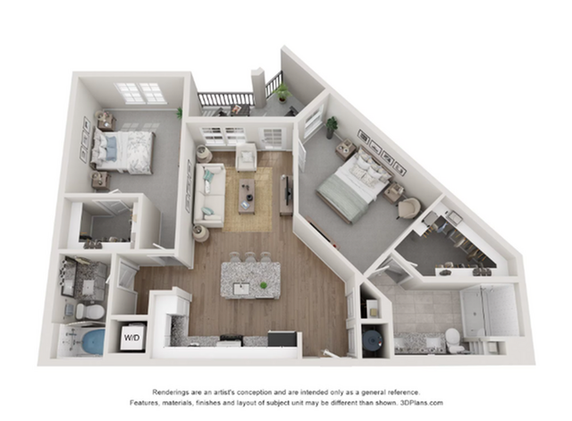 Modern 3D floor plan presenting 2 bedrooms, an inviting open-concept kitchen with island, and cozy living area with access to a private balcony.