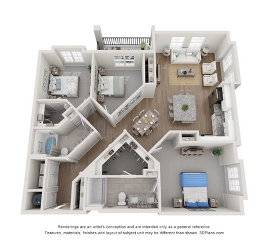 Charming 3D floor plan showcasing three bedrooms, two bathrooms, a cozy living room, modern kitchen, and a private balcony.