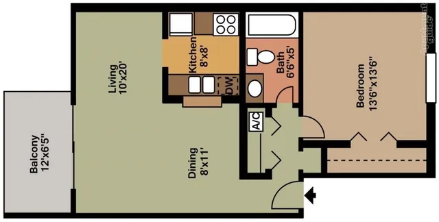 Charming 2D floor plan featuring 1 bedroom, an open living and dining area, a cozy kitchen, and a spacious balcony.