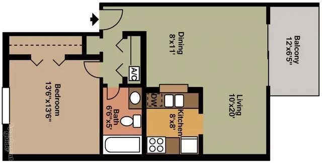 Inviting floor plan showcasing a spacious bedroom, cozy kitchen, dining area, and a large living room with a balcony.