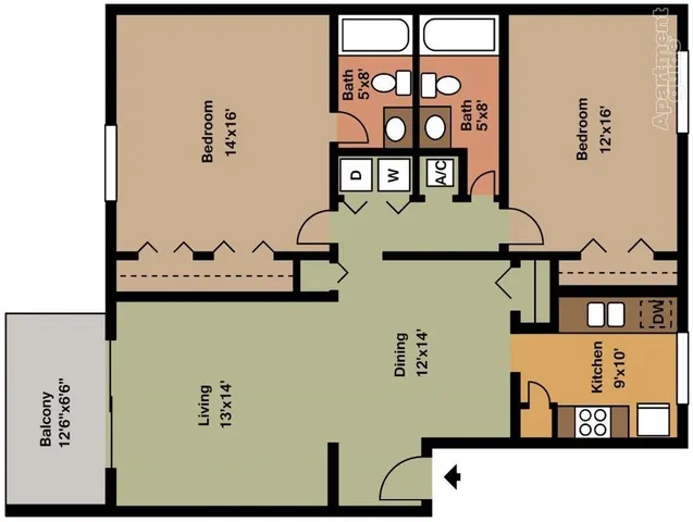 Spacious 2D apartment floor plan featuring 2 bedrooms, 2 bathrooms, a modern kitchen, and a large living room leading to a balcony.