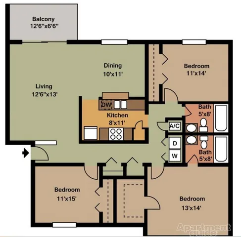 Charming apartment floor plan showcasing 3 bedrooms, a cozy living area opening to a balcony, efficient kitchen, and dining space.