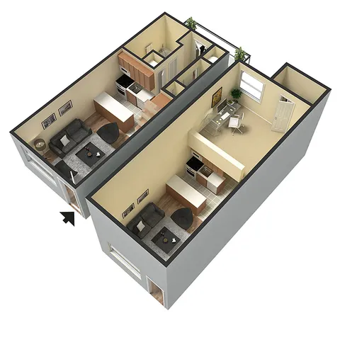 Chic 3D floor plan showcasing a cozy one-bedroom apartment with an open living area and modern kitchen.
