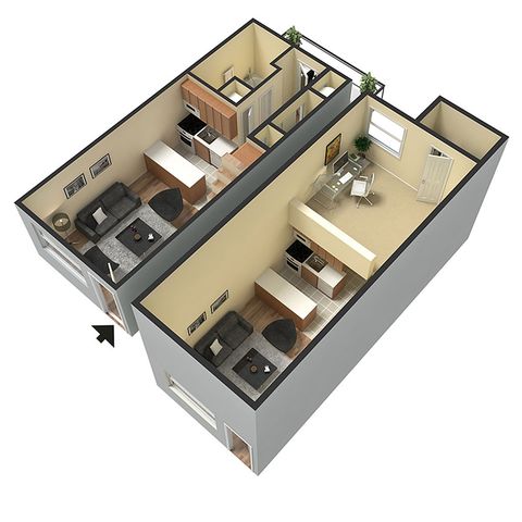 Modern 3D floor plan featuring a stylish open-concept layout with a living room, sleek kitchen, and cozy bedroom.
