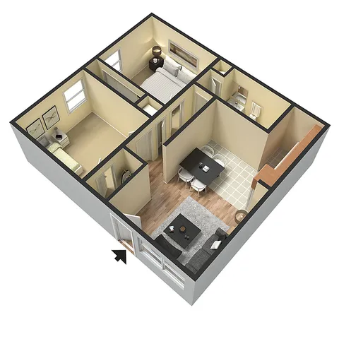 Chic 3D apartment layout showcasing 2 bedrooms, cozy living area, and dining space connected to a modern kitchen.