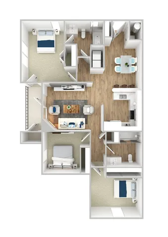 Sophisticated floor plan displaying 3 bedrooms, an open living space, and a contemporary kitchen.