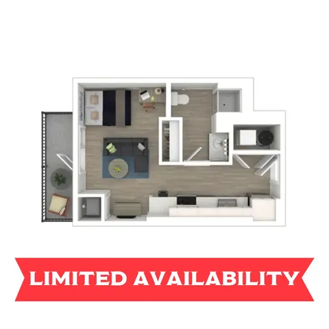 Contemporary floor plan featuring an open living space, elegant kitchen, and private balcony.