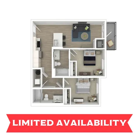 Efficient floor plan with 2 bedrooms, modern kitchen, and cozy living room with balcony.