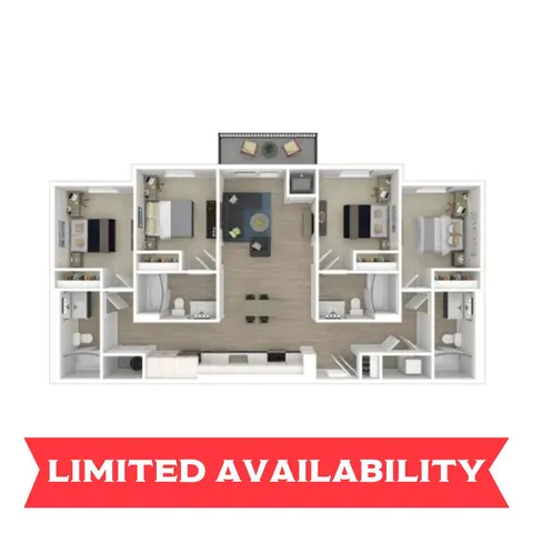 Elegant 3-bedroom floor plan with a central living area and modern kitchen.