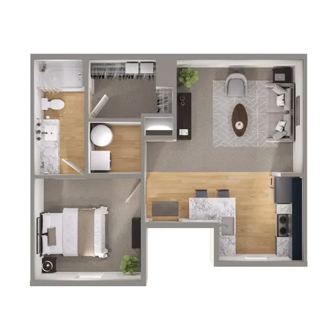 Detailed floor plan of a compact apartment featuring 1 bedroom, a modern kitchen, and a cozy living area.