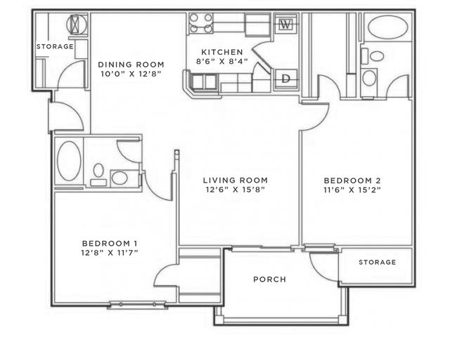 2D floor plan featuring 2 bedrooms, living room, dining area, kitchen, and porch.