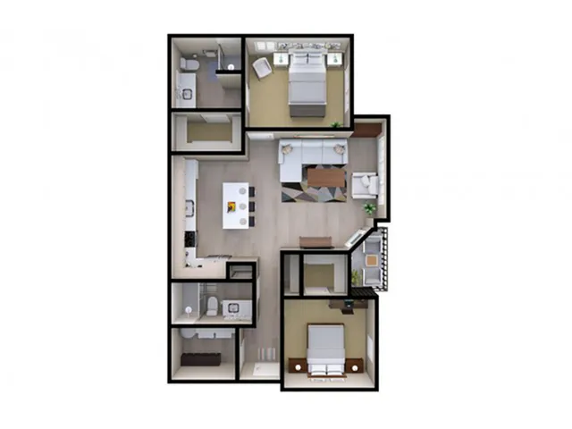 Chic 2D floor plan of a 3-bedroom apartment with a spacious living room and modern kitchen.