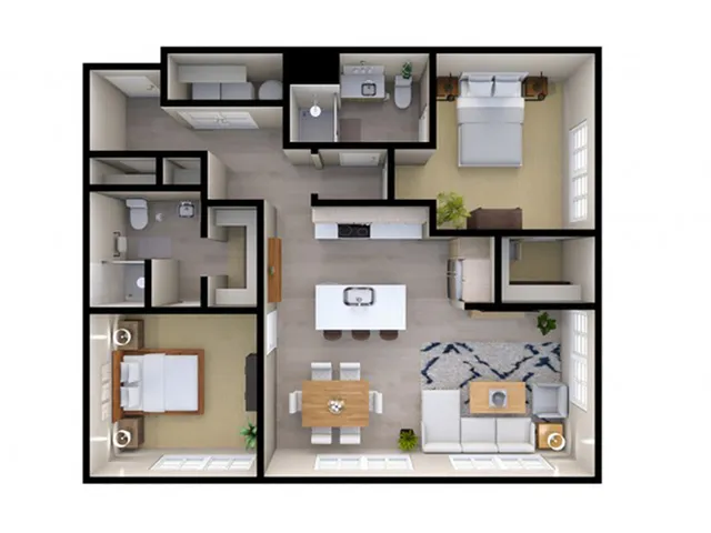 Chic 3D floor plan with 2 bedrooms, spacious open living area, and modern kitchen layout.