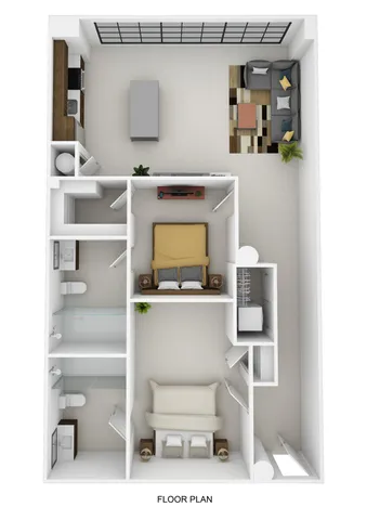 3D floor plan depicting a one-bedroom apartment with an open living space, modern kitchen, and two bathrooms.