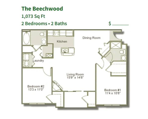 Charming Beechwood floor plan with 2 spacious bedrooms, 2 modern baths, inviting living room, and a cozy kitchen. Totaling 1,073 sq ft, it\'s ideal for comfortable living.