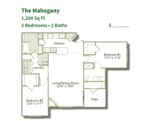 Elegant Mahogany floor plan with 2 bedrooms, 2 baths, and a spacious living/dining area. Features include a modern kitchen, patio, and dedicated laundry space, totaling 1,204 sq ft.