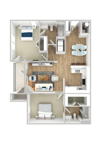 Modern 3D floor plan showcasing two spacious bedrooms, a sleek kitchen with dining area, and a cozy living room, perfect for comfortable urban living.