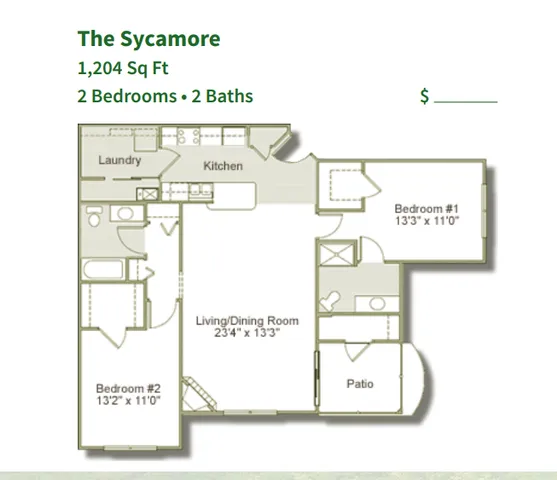The Sycamore floor plan featuring 1,204 sq ft with 2 bedrooms, 2 baths, a spacious living/dining room, and a cozy patio.