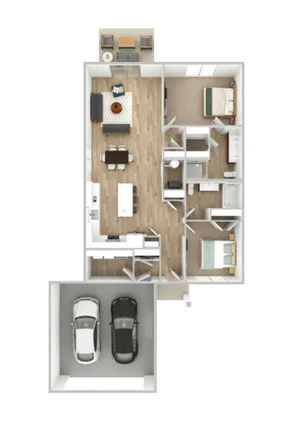 Modern 2D floor plan showcasing 2 bedrooms, open-concept living and dining area, stylish kitchen, and a double garage.